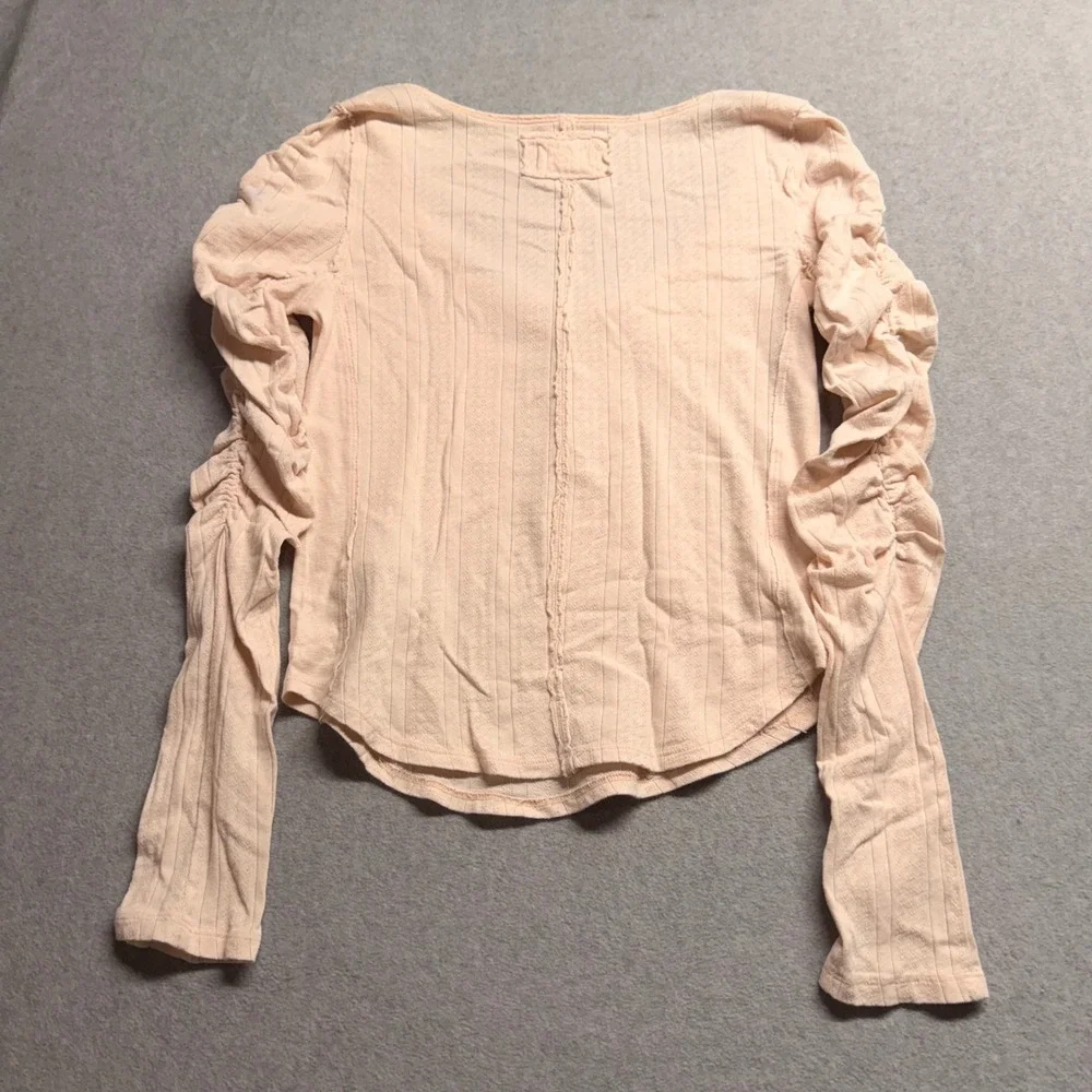 We The Free Free People Henley Top Peach Pointelle Ruched Sleeve Cotton Medium
